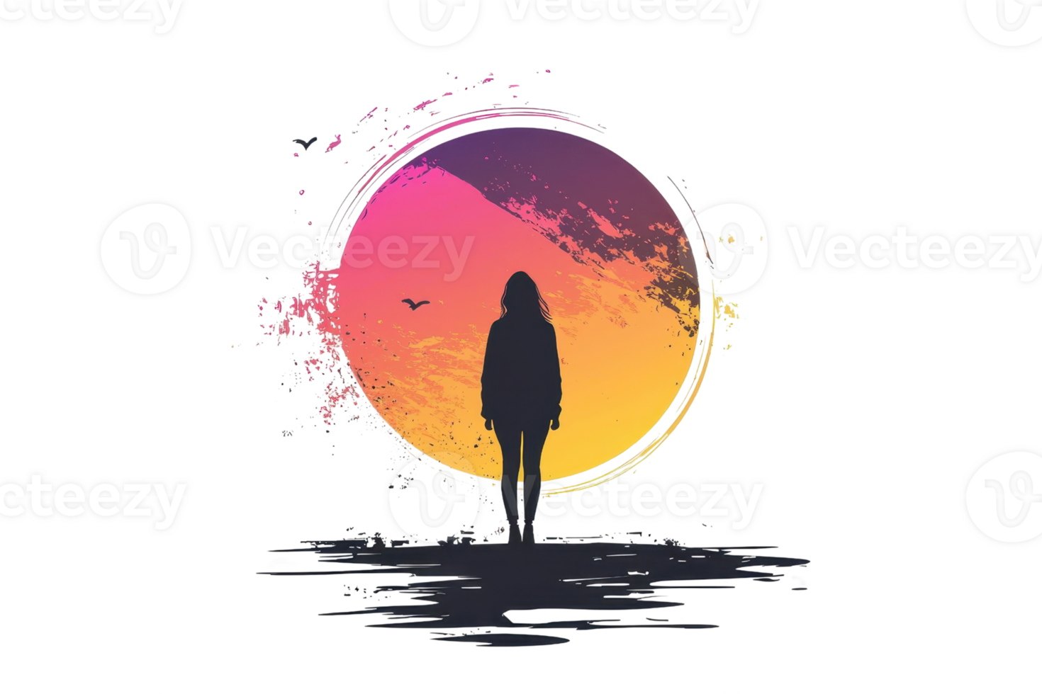 Silhouette of a person standing against a vibrant, artistic sunset, evoking feelings of wanderlust, freedom, and tranquility. png