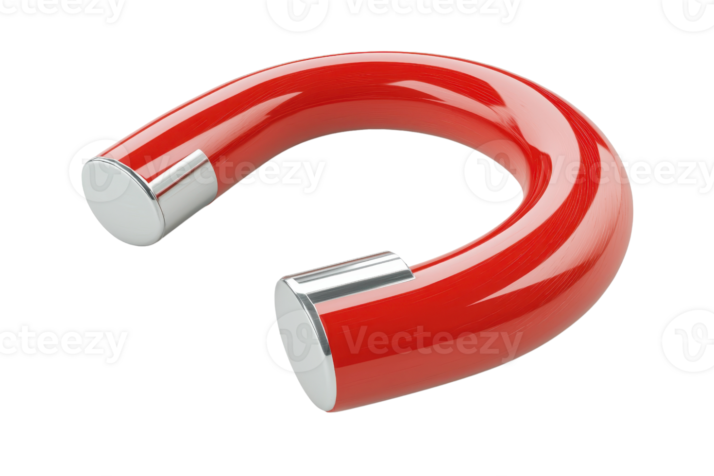 Red horseshoe magnet with silver tips, isolated on transparent background. demonstrating the concept of attraction and magnetic force in physics. png