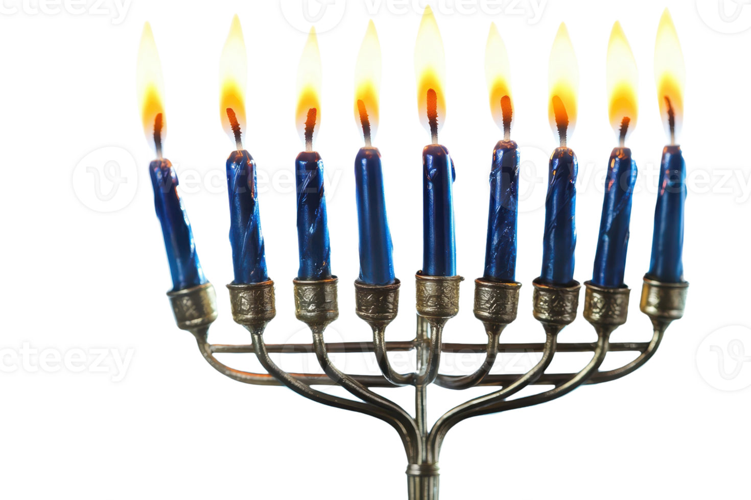 Lit menorah with nine blue candles and a silver base, symbolizing the Jewish holiday of Hanukkah, isolated on a transparent background. png