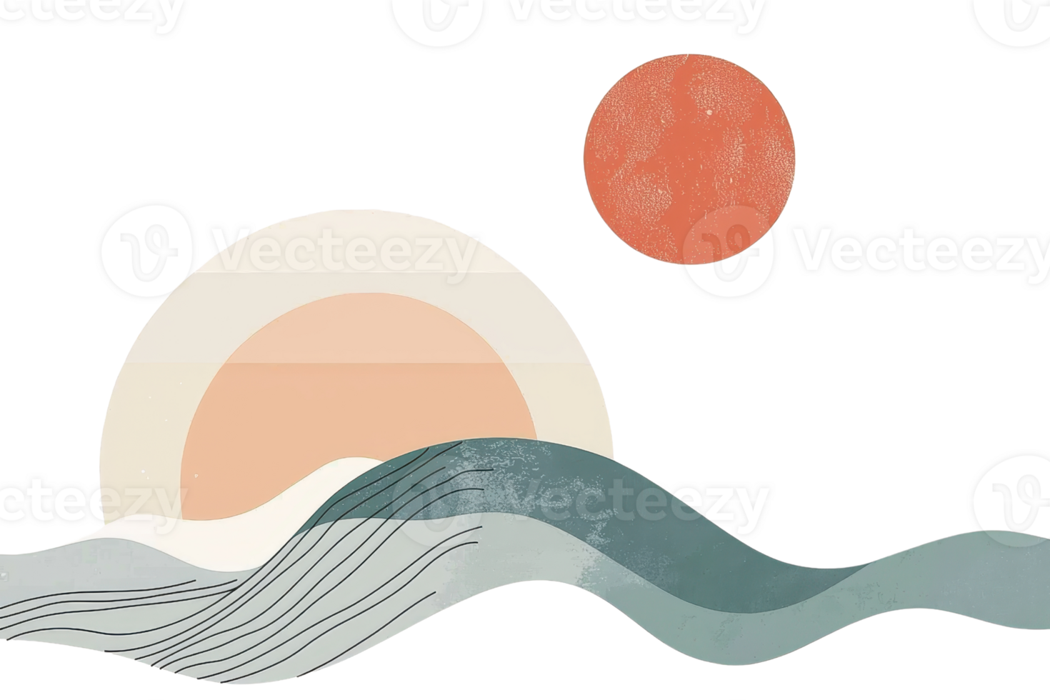 Minimalistic abstract landscape with sun and waves in warm pastel tones. Perfect for modern decor and creative design projects. png
