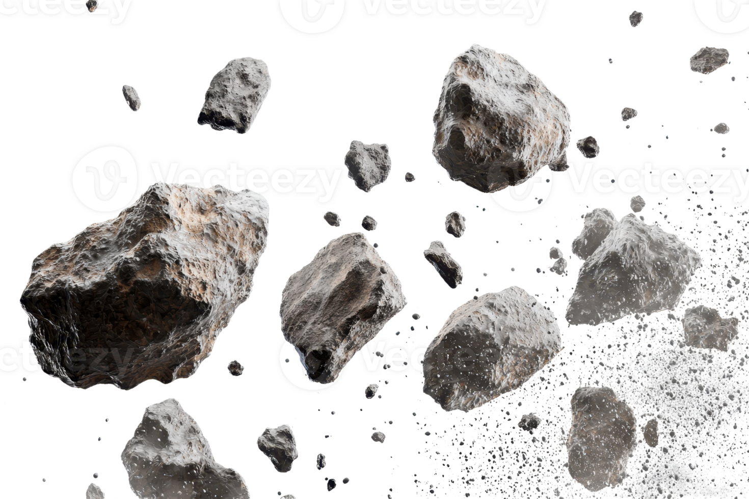 Realistic 3D rendering of asteroid chunks floating in space, depicting cosmic fragmentation and celestial exploration. Perfect for science visuals. png