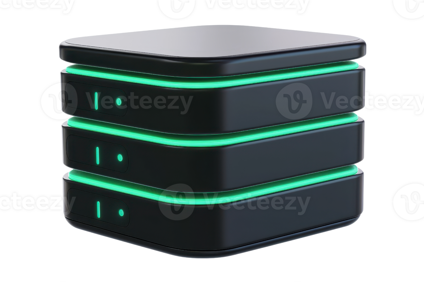 Modern data server with glowing green lights, showcasing advanced technology and futuristic design in a digital network setup. png