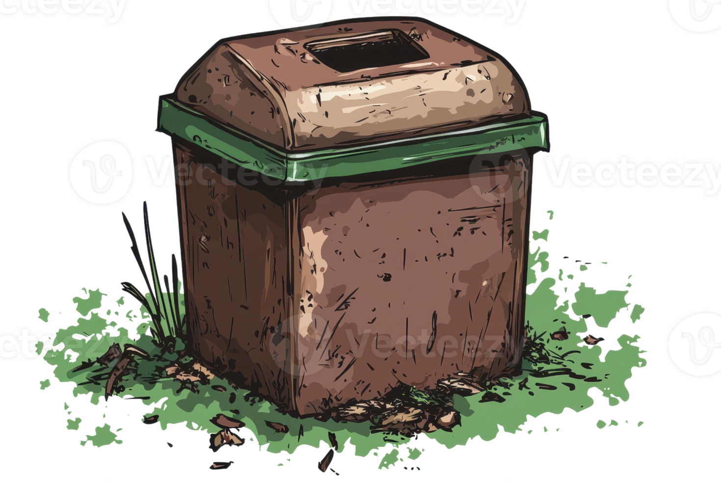 Outdoor brown trash can with green accents surrounded by grass. Ideal for waste management and environmental projects. png