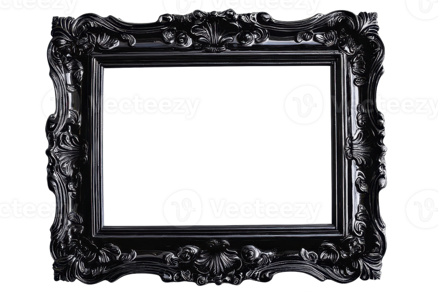 Ornate black picture frame with intricate details. Ideal for showcasing artwork or photographs. Classic and elegant design for any decor. png