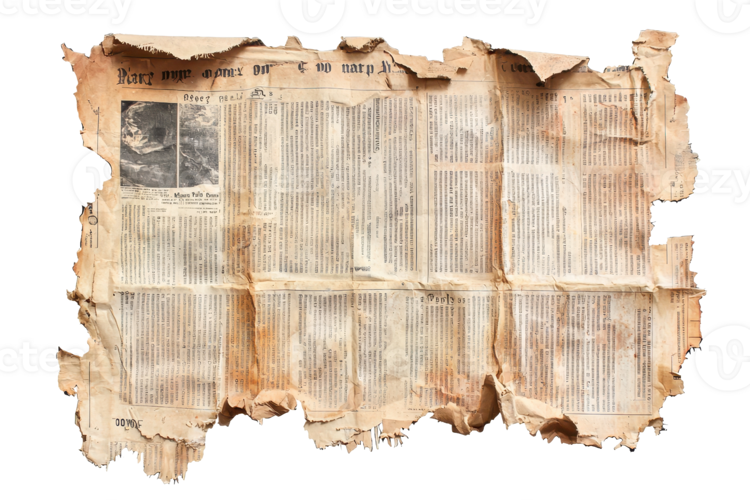 Old, tattered newspaper showing signs of age with wrinkled, browned paper, evoking a sense of nostalgia and history in its worn texture. png