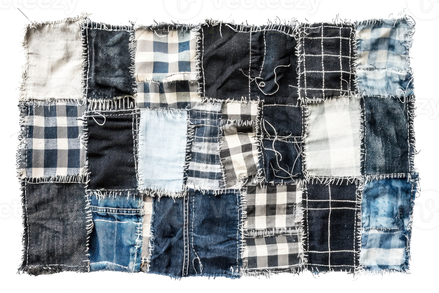 Patchwork quilt featuring assorted denim and plaid fabric squares, showcasing a rustic and artistic design in varying blue tones. png