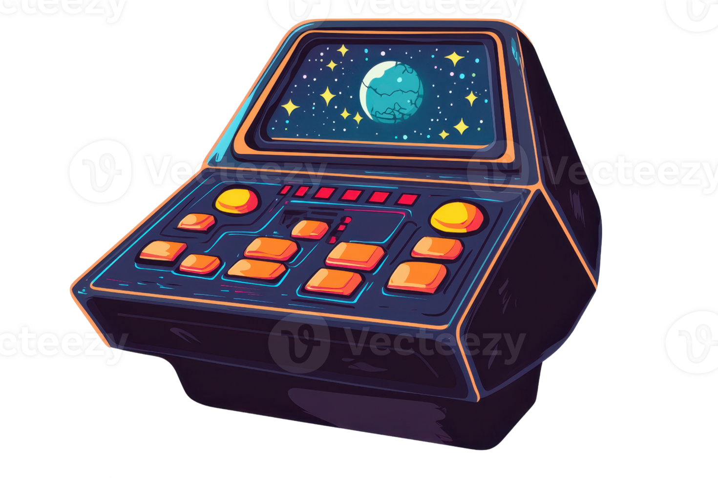 Retro futuristic control panel with vibrant buttons and cosmic screen showcasing stars and a planet, perfect for sci-fi and technology themes. png
