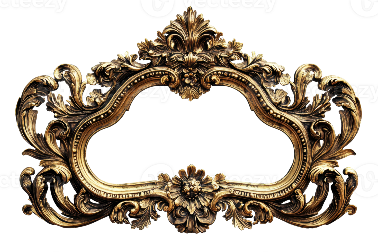 Ornate antique golden frame with intricate details, perfect for vintage interiors or classic art presentations, adding elegance and style. png