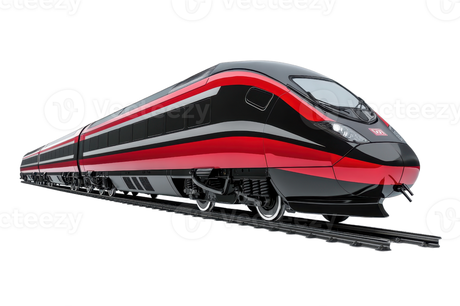 Sleek modern high-speed train in motion on tracks, showcasing cutting-edge design and technology in vibrant red and black colors. png