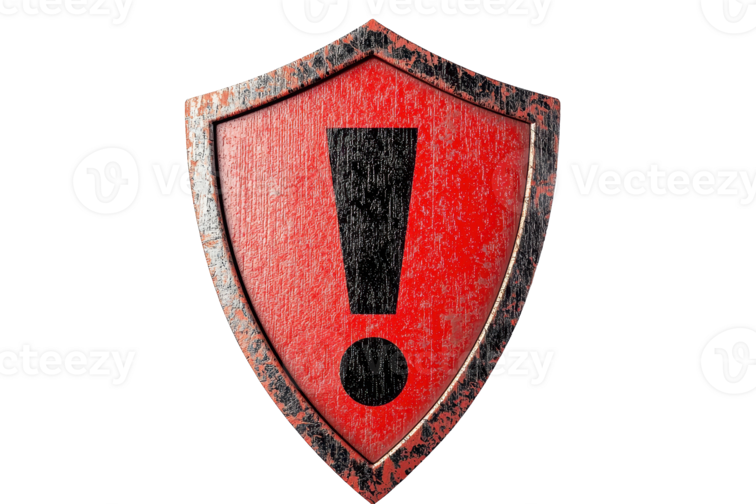 Rustic red shield with exclamation mark symbol, representing warning, protection, and caution. Ideal for security concepts and safety themes. png