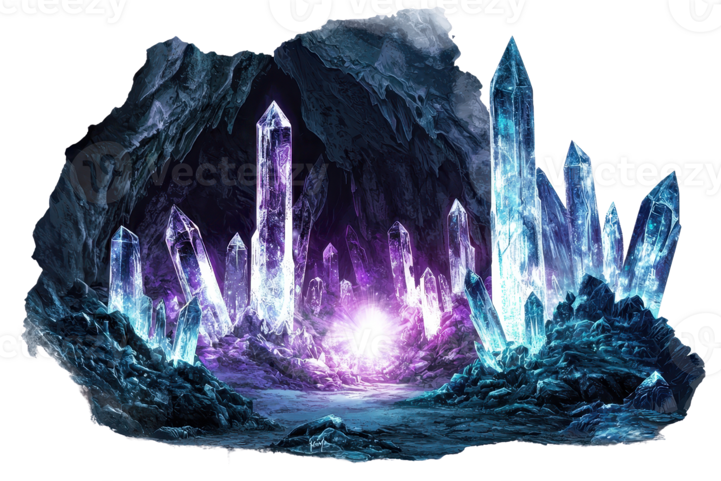 Mystical cave filled with glowing crystals, radiating vibrant purple and blue hues, creating a magical and enchanting underground atmosphere. png