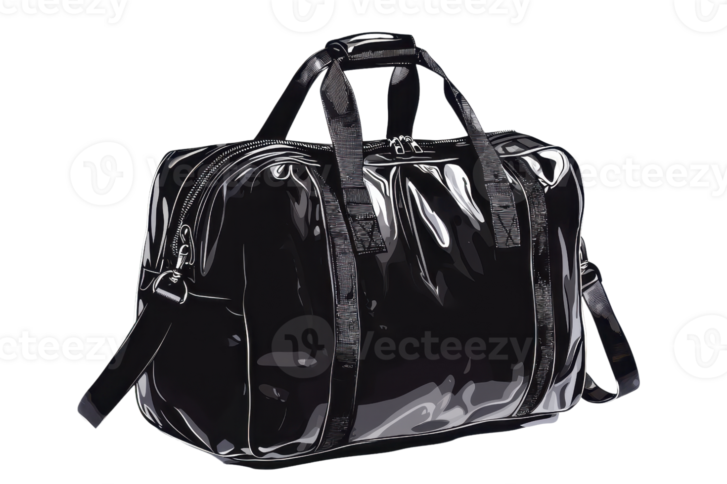 Sleek black leather duffle bag with adjustable shoulder strap and handles, perfect for travel or gym use. Modern and stylish design. png