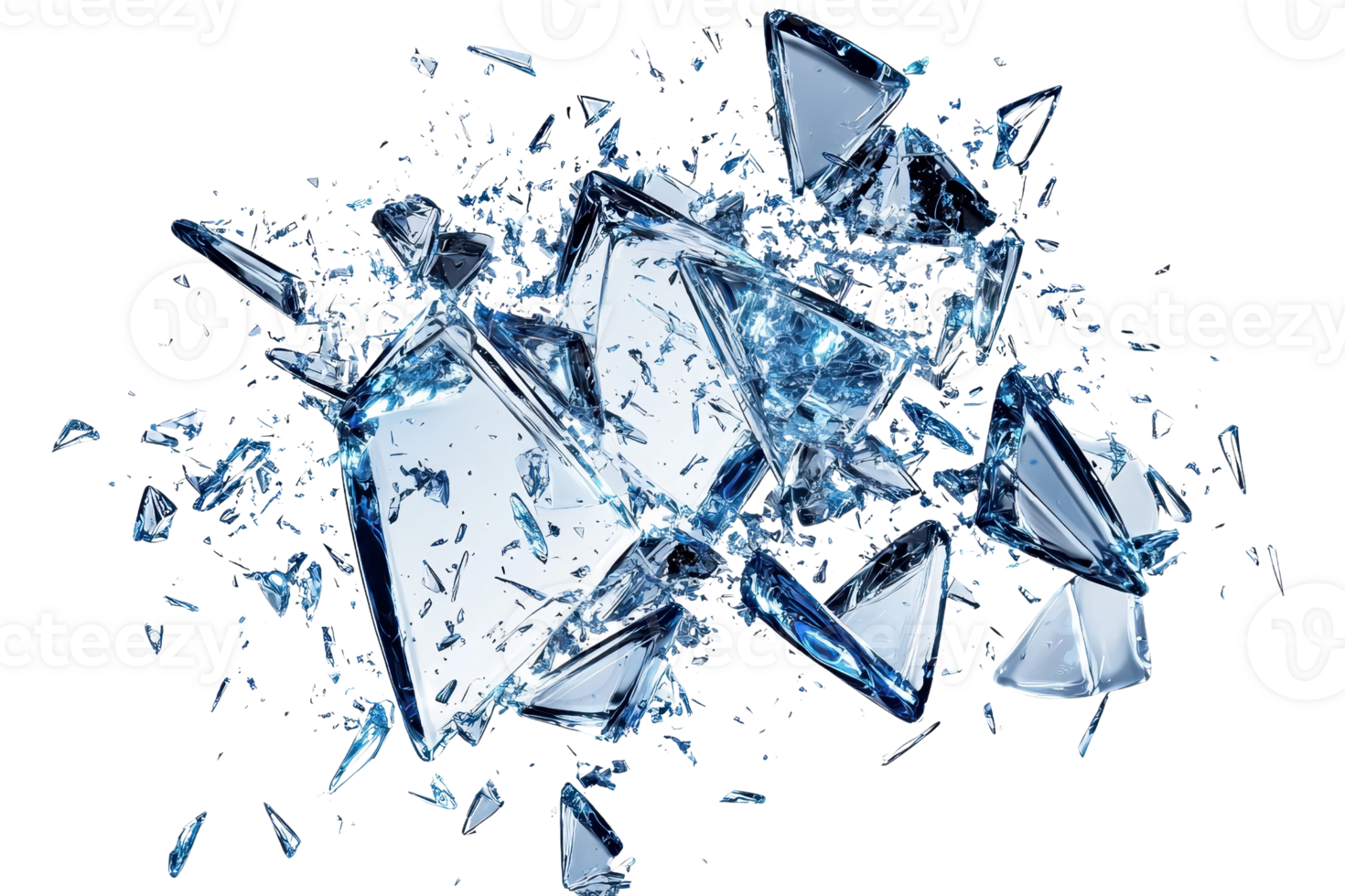 Shattered glass pieces scattered in mid-air against a transparent background, capturing an abstract and dynamic scene of breaking and motion. png