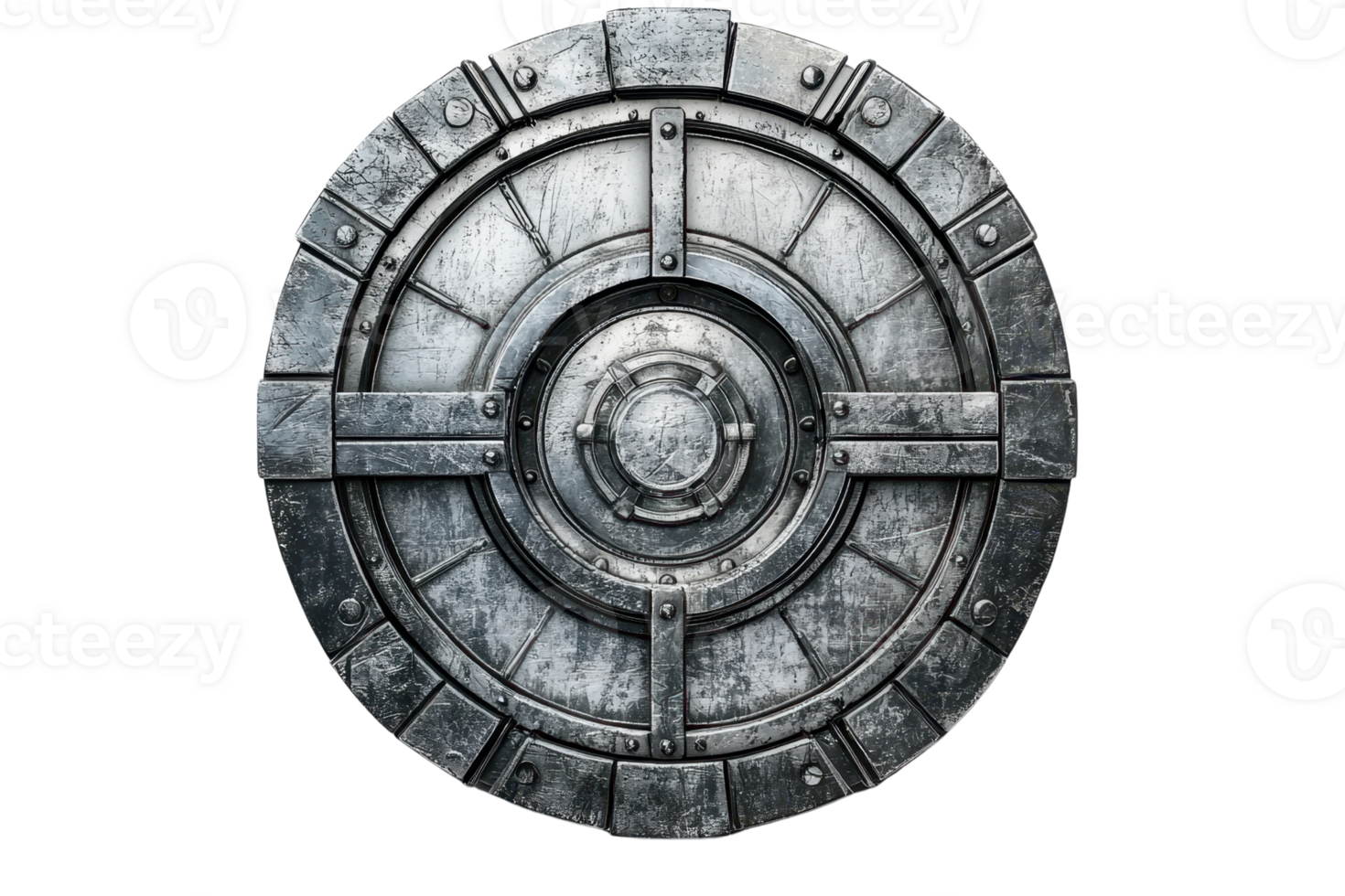 Round metal shield with intricate design, symbolizing protection and medieval combat, isolated on transparent background. png