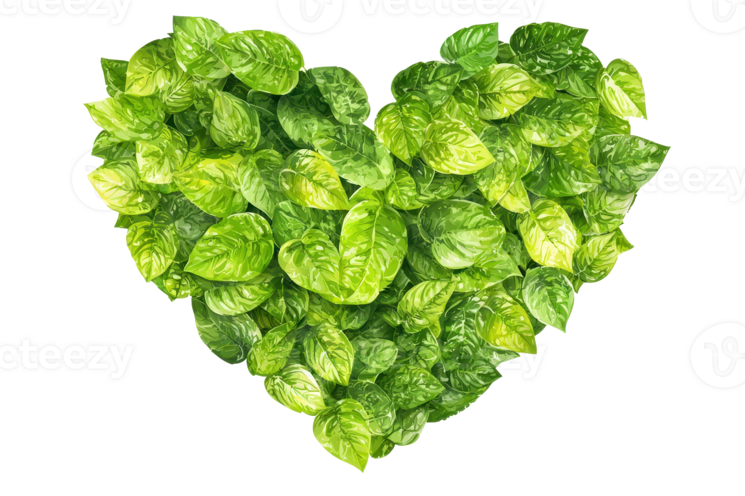 Lush green leaves creatively shaped into a heart symbolizing love for nature and the environment on a transparent background. png