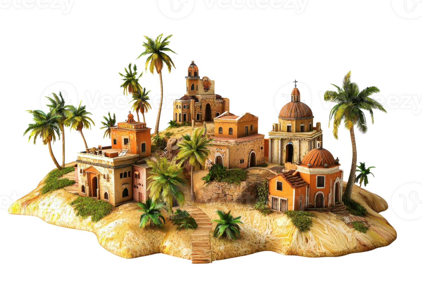 Miniature Mediterranean village with palm trees, showcasing traditional architecture and rustic charm on a sunny day. png