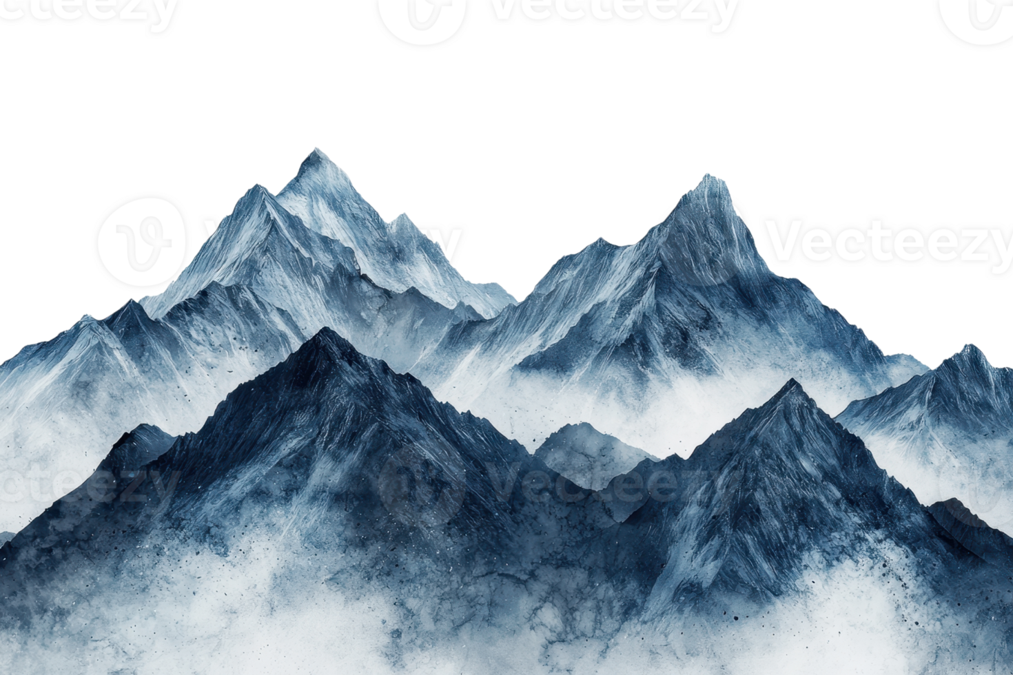 Serene watercolor mountain range illustration with mist, depicting a calm and tranquil natural landscape in soft blue hues. png