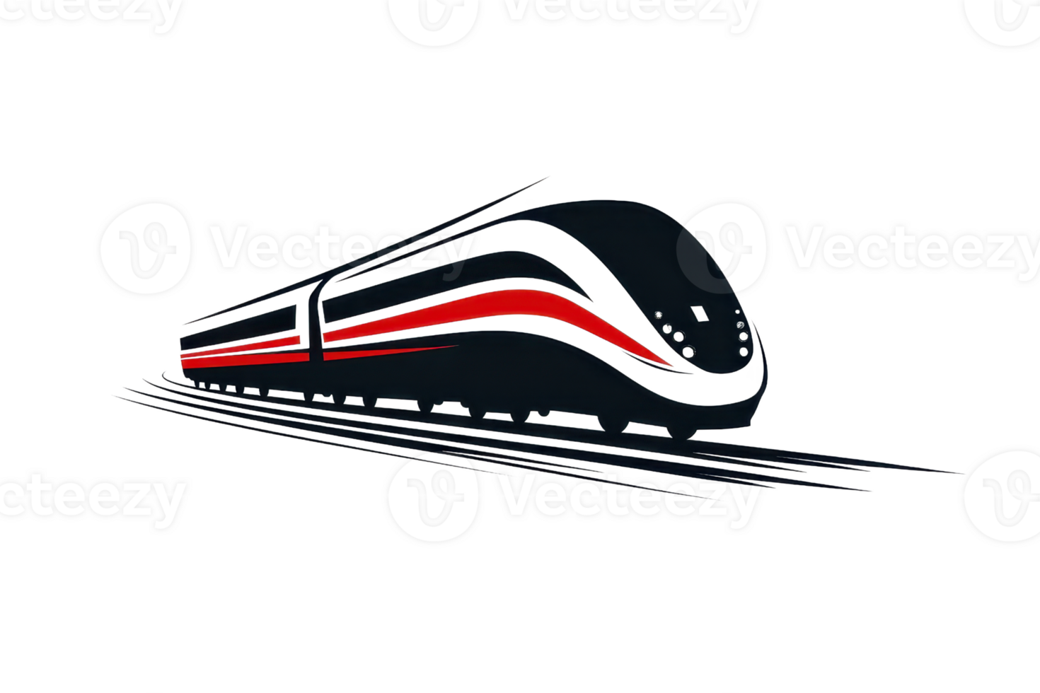 Stylized illustration of a high-speed bullet train in motion, showcasing sleek design and modern technology on railway tracks. png