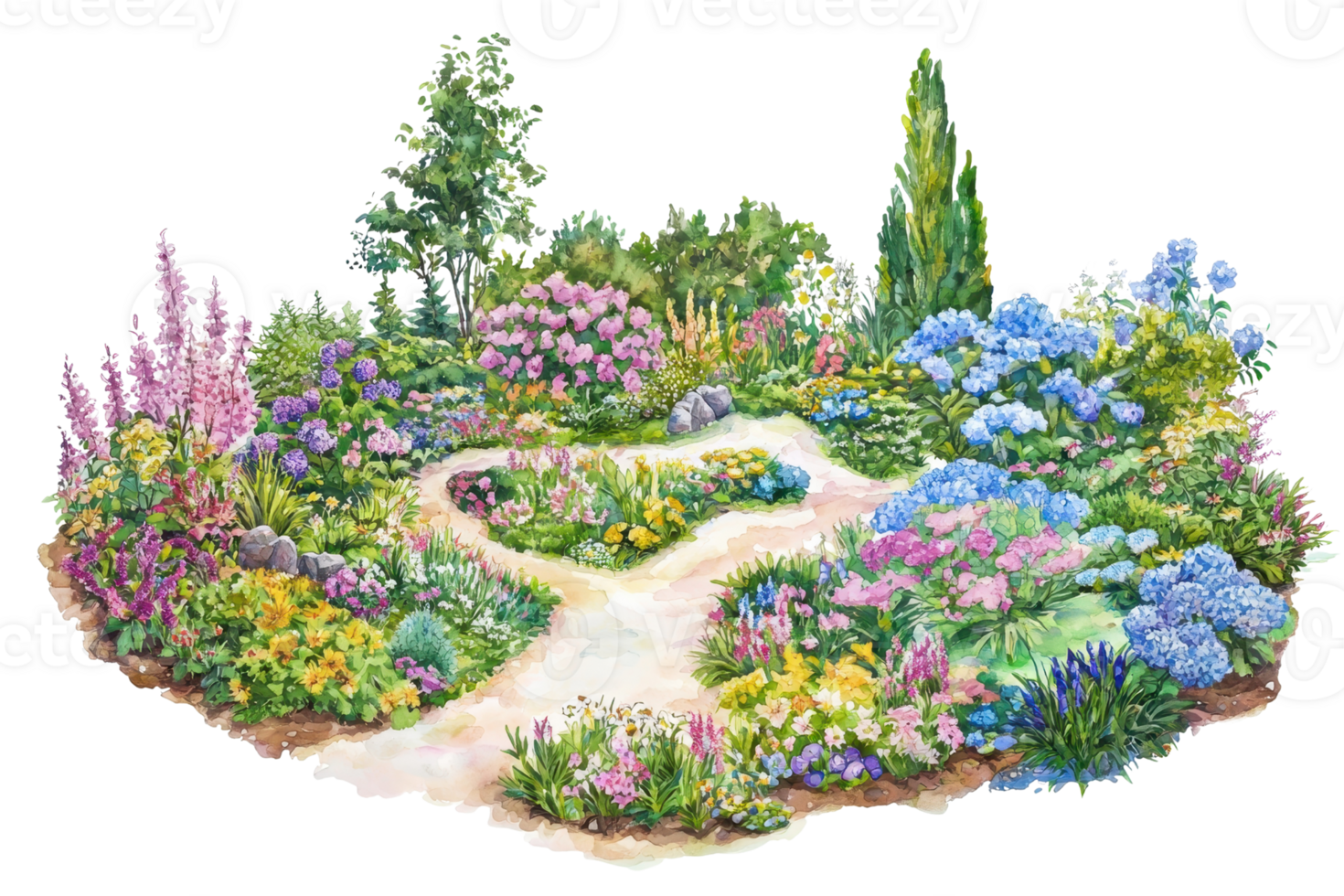 Lush flower garden with colorful plants and winding pathway, creating a serene natural scene with vibrant blossoms and greenery. png