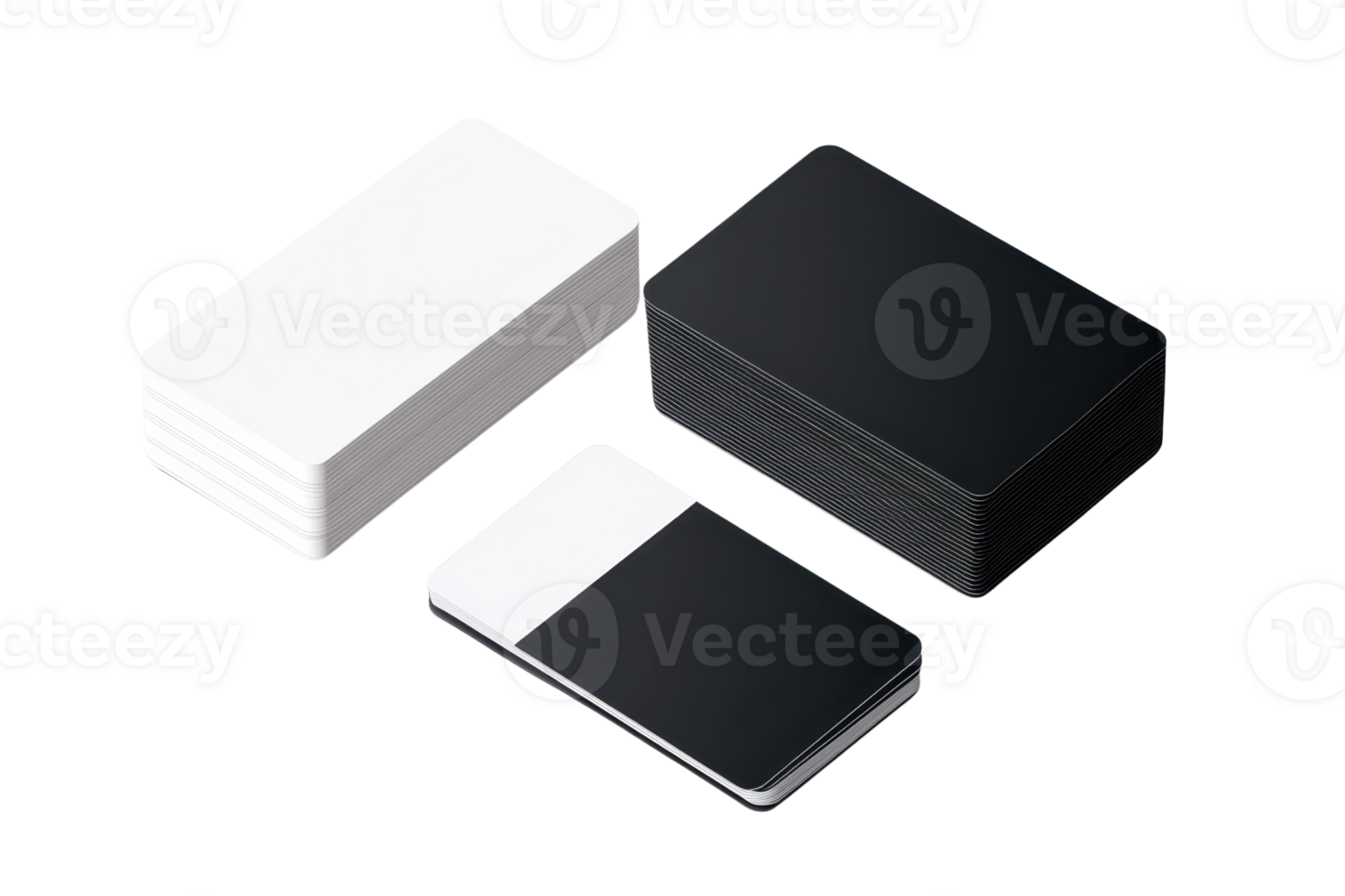 Stacked black and white blank cards isolated on a transparent background. ideal for customizable design, business or creative projects. png