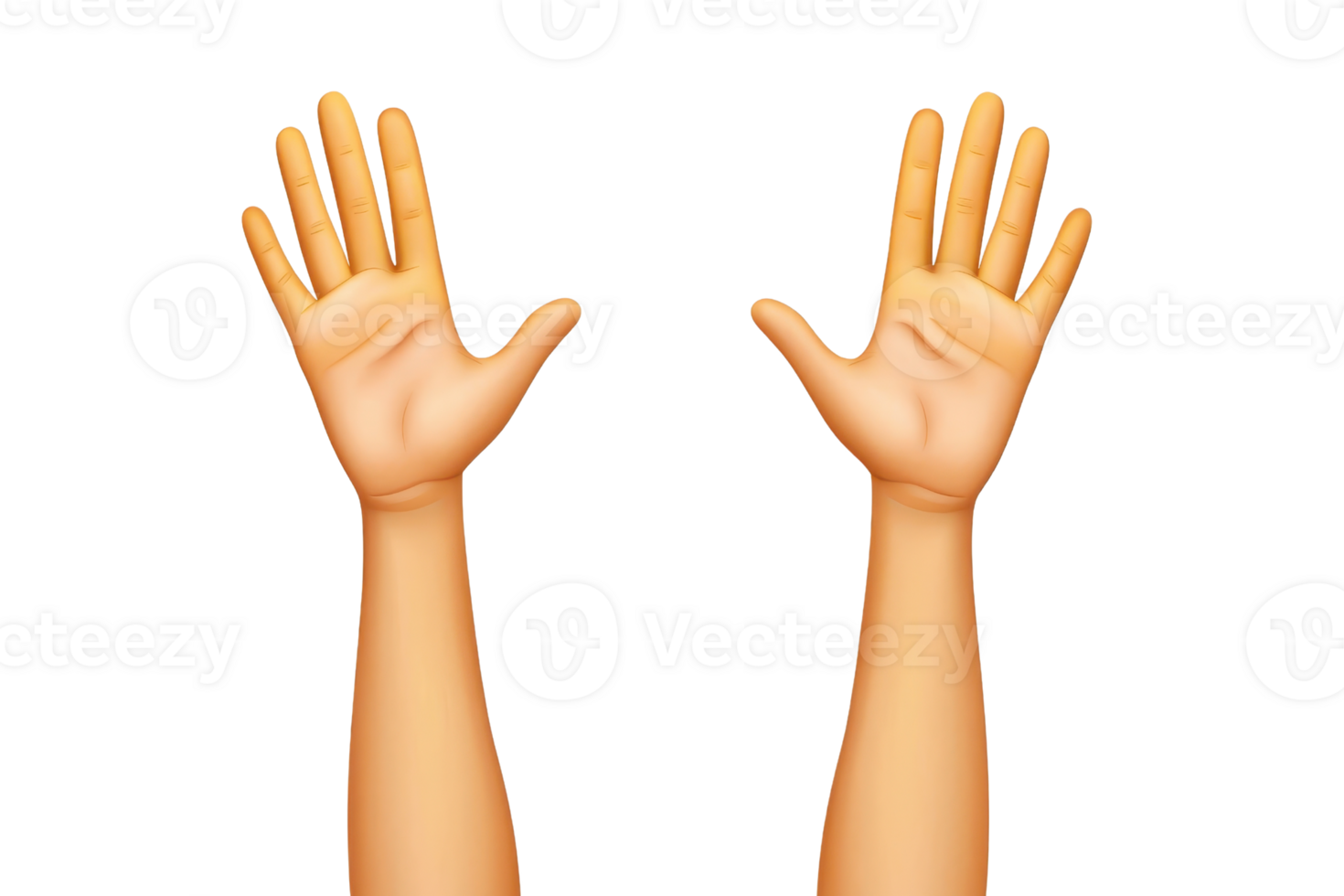 Two raised human hands emoji, expressing excitement and celebration, isolated on a transparent background. in a 3D illustration style. png