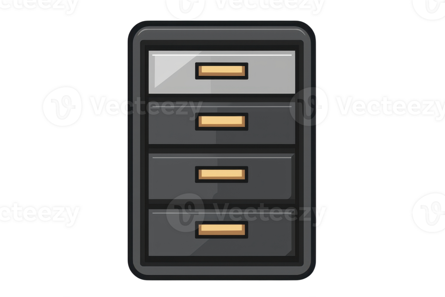 illustration of a dark gray filing cabinet with four drawers, perfect for office organization, storage solutions, and interior design themes. png