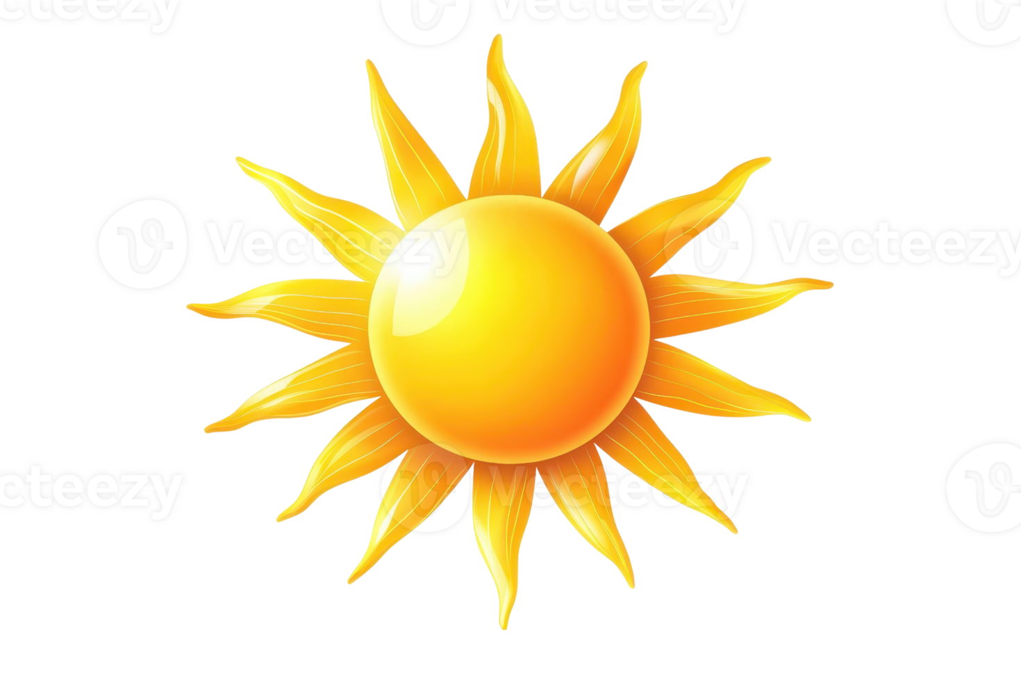 Vibrant, glossy sun illustration with vivid rays symbolizing energy, warmth, and positivity. Ideal for summer themes and cheerful designs. png