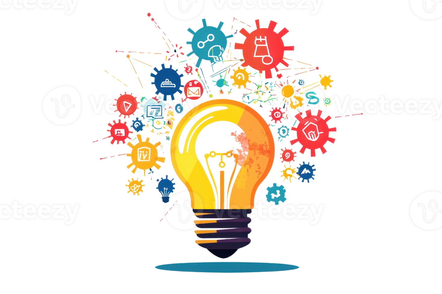 Vibrant creative concept image with a glowing light bulb and colorful gears representing innovation, brainstorming, and new ideas. png