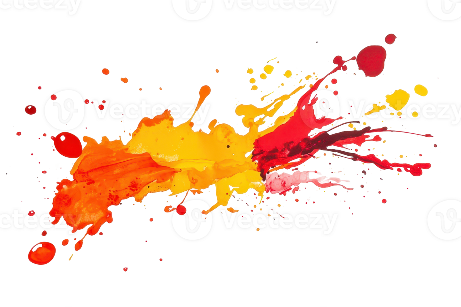 Vibrant abstract paint splatter in red, orange, and yellow hues, creating a dynamic and colorful artistic explosion on a transparent background. png
