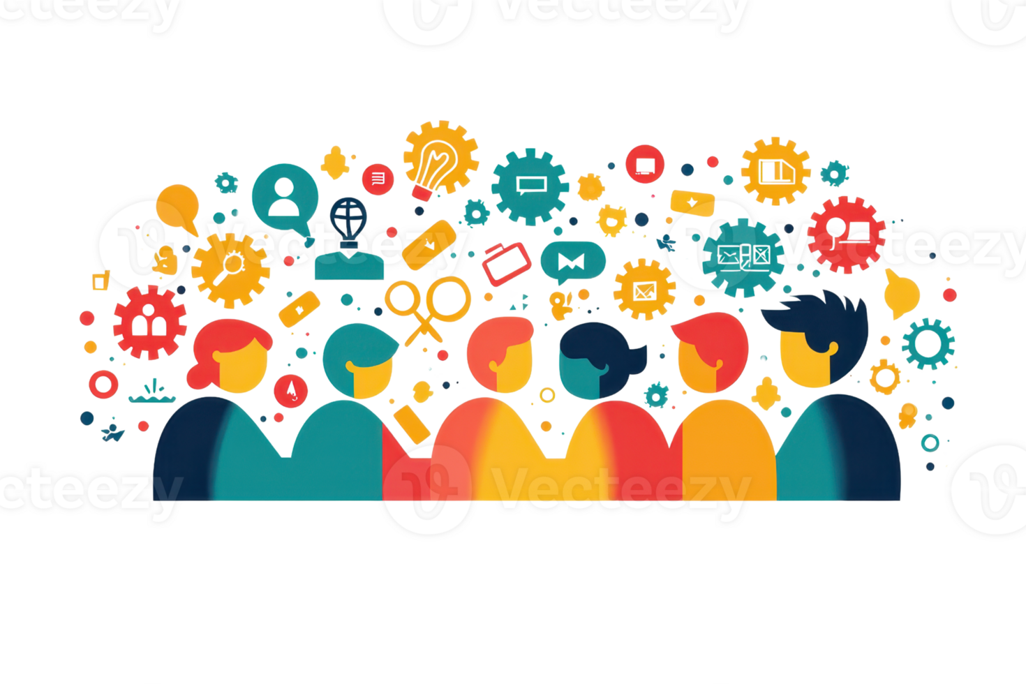 graphic illustrating people icons with colorful communication and social media symbols, representing online connection and interaction. png
