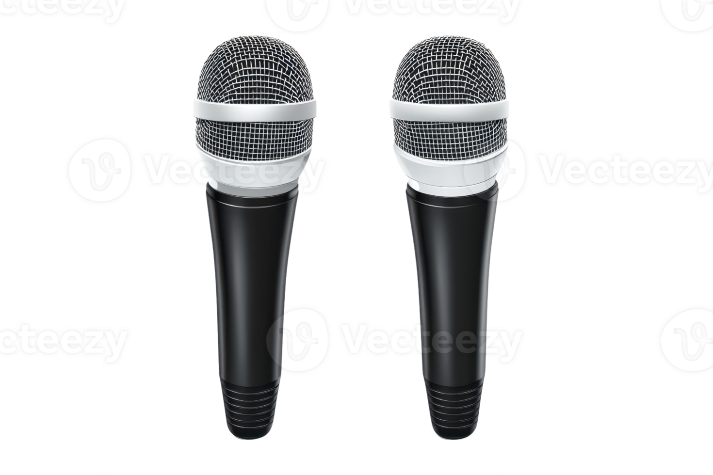 Two dynamic microphones on a transparent background. perfect for music, podcasting, or live performances. High-quality audio recording tools. png