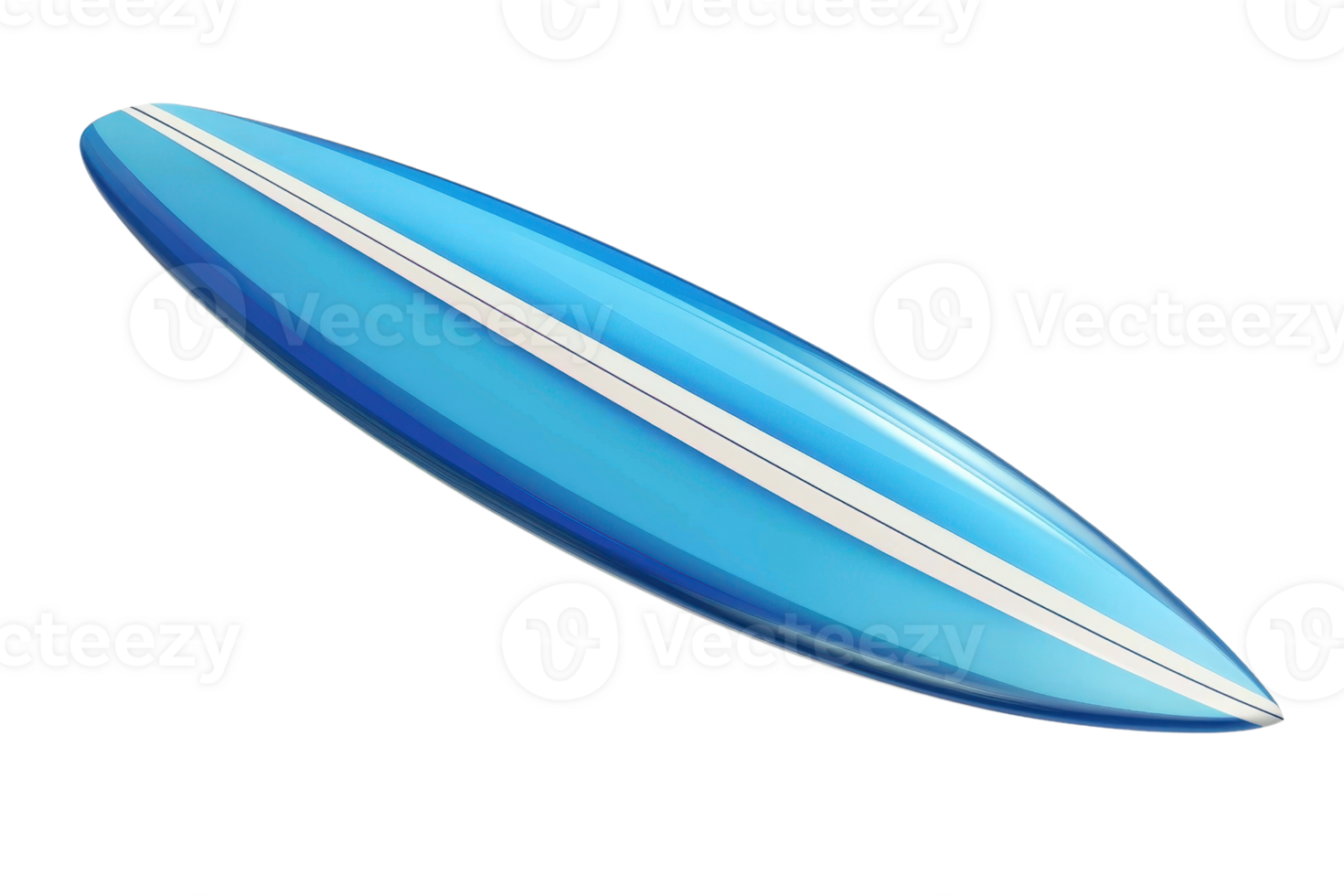 Vibrant blue surfboard with white stripes, isolated on transparent background. Perfect for beach, summer, and surfing themes. High-quality image. png