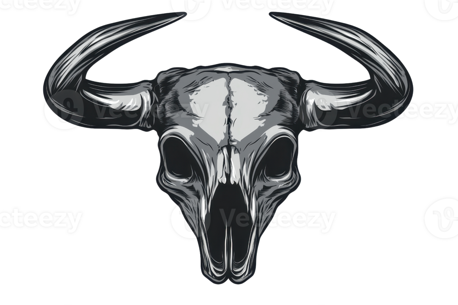 illustration of a bull skull with large horns, showcasing intricate details and a monochrome theme, perfect for tattoos or logos. png