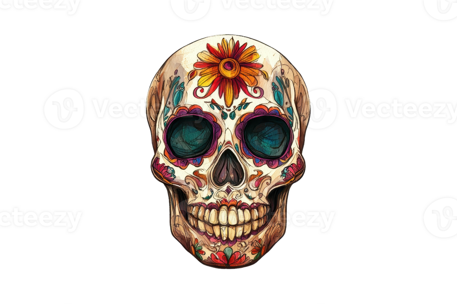 Vibrant Day of the Dead skull illustration with colorful floral details, representing Mexican culture and festive traditions. png