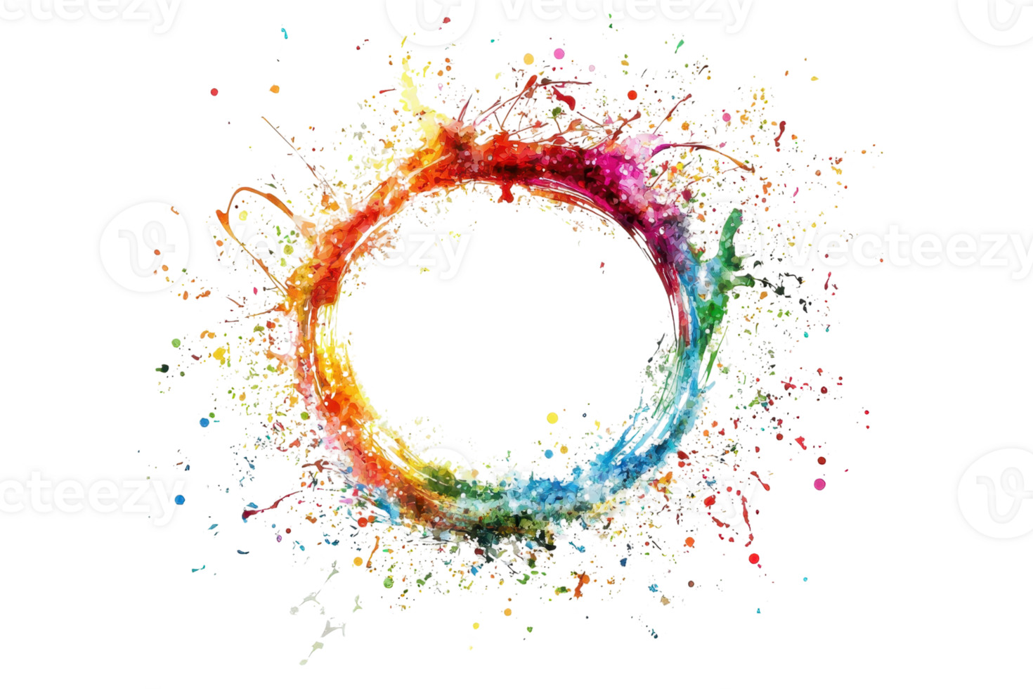 Vibrant circular splash of multicolored paint on a white canvas, symbolizing creativity, energy, and artistic expression. png