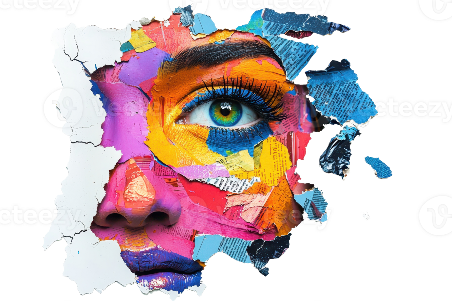 Vibrant collage showcasing an eye amid colorful torn paper layers, blending art and emotion with striking intensity. png
