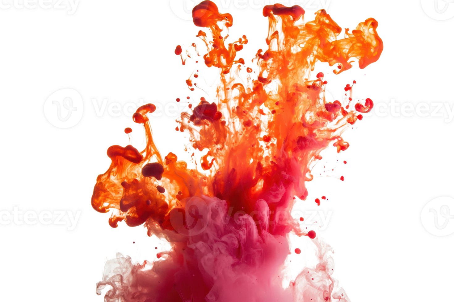 Vibrant explosion of colorful ink in water, creating vivid swirling patterns and dynamic abstract shapes against a transparent background. png