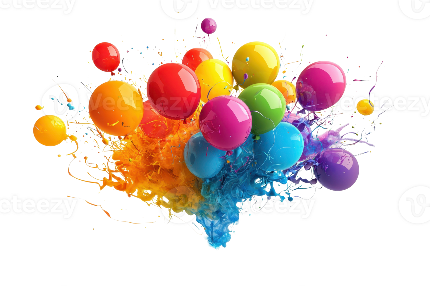 Vibrant explosion of colorful balloons in mid-air, surrounded by splashes of paint, creating a lively and dynamic composition. png