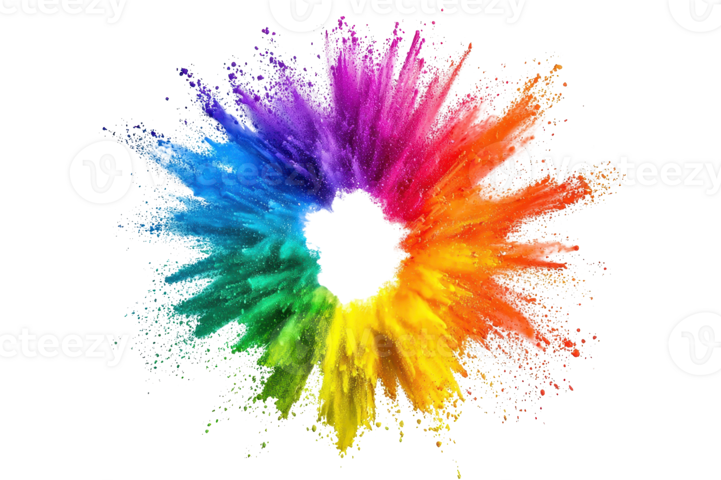 Vibrant explosion of colorful powder forming a circular shape. Perfect for art, celebration, and festival themes. png