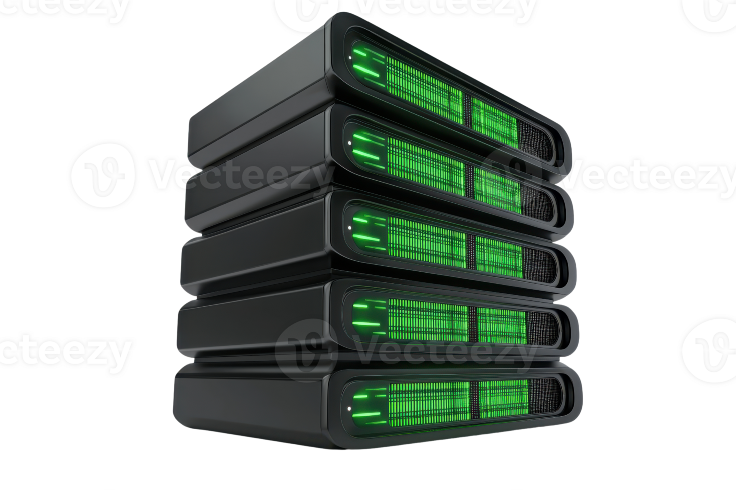 Stack of modern black servers with glowing green lights, symbolizing high-tech data storage or cloud computing infrastructure. png