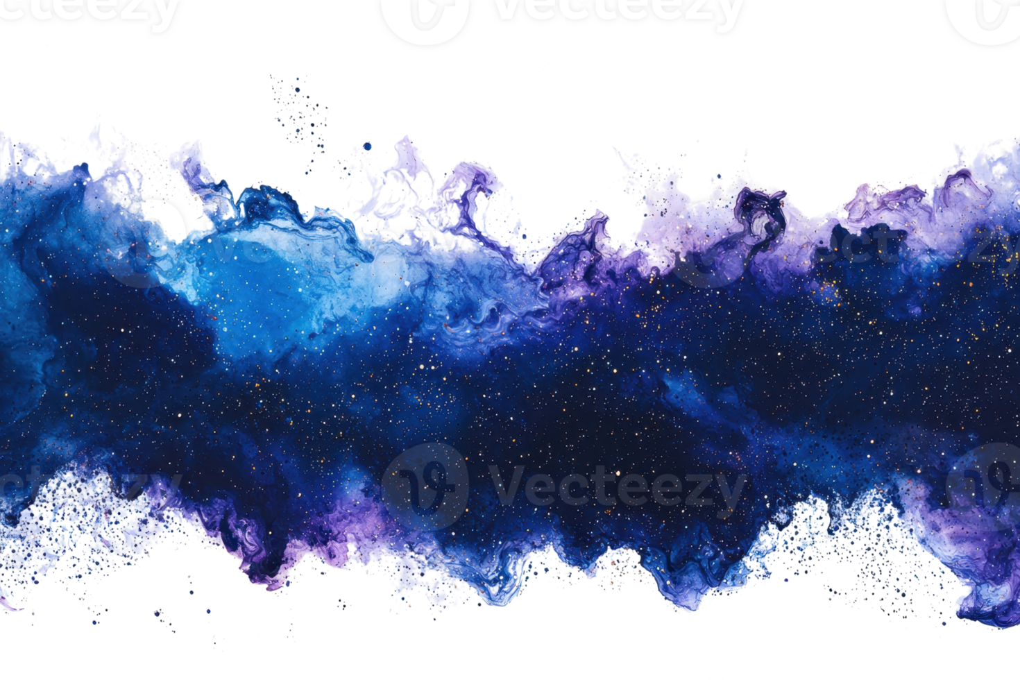 Vibrant cosmic scene featuring swirling blue and purple nebula clouds with scattered stars, creating a mysterious and awe-inspiring space landscape. png