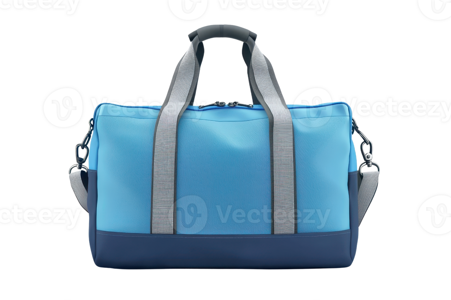 Stylish blue duffle bag with gray handles, perfect for travel, gym, or everyday use. Durable material and spacious design for all your essentials. png