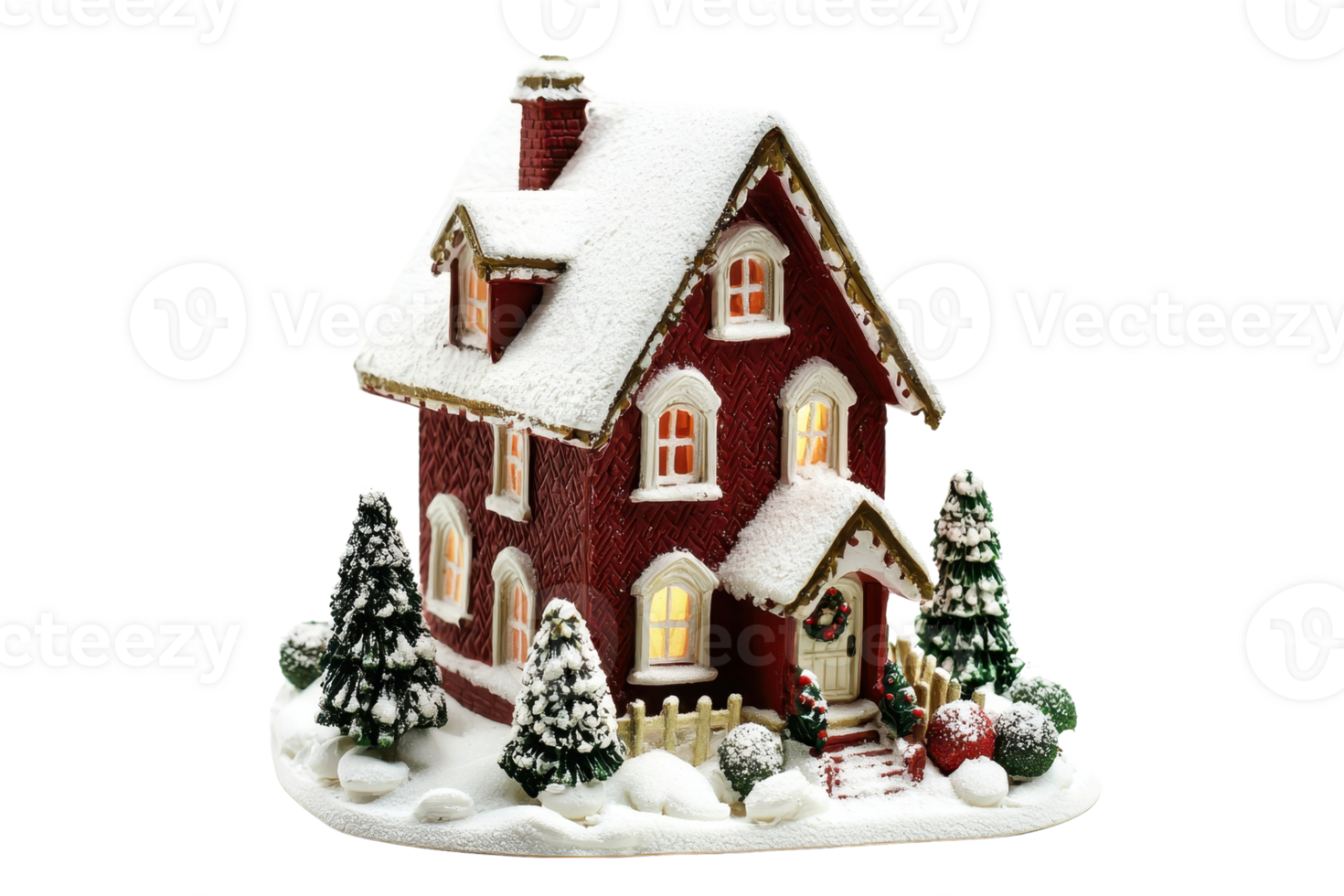 Snow-covered miniature house with glowing windows, surrounded by snow-covered trees and festive decorations, perfect for Christmas display. png