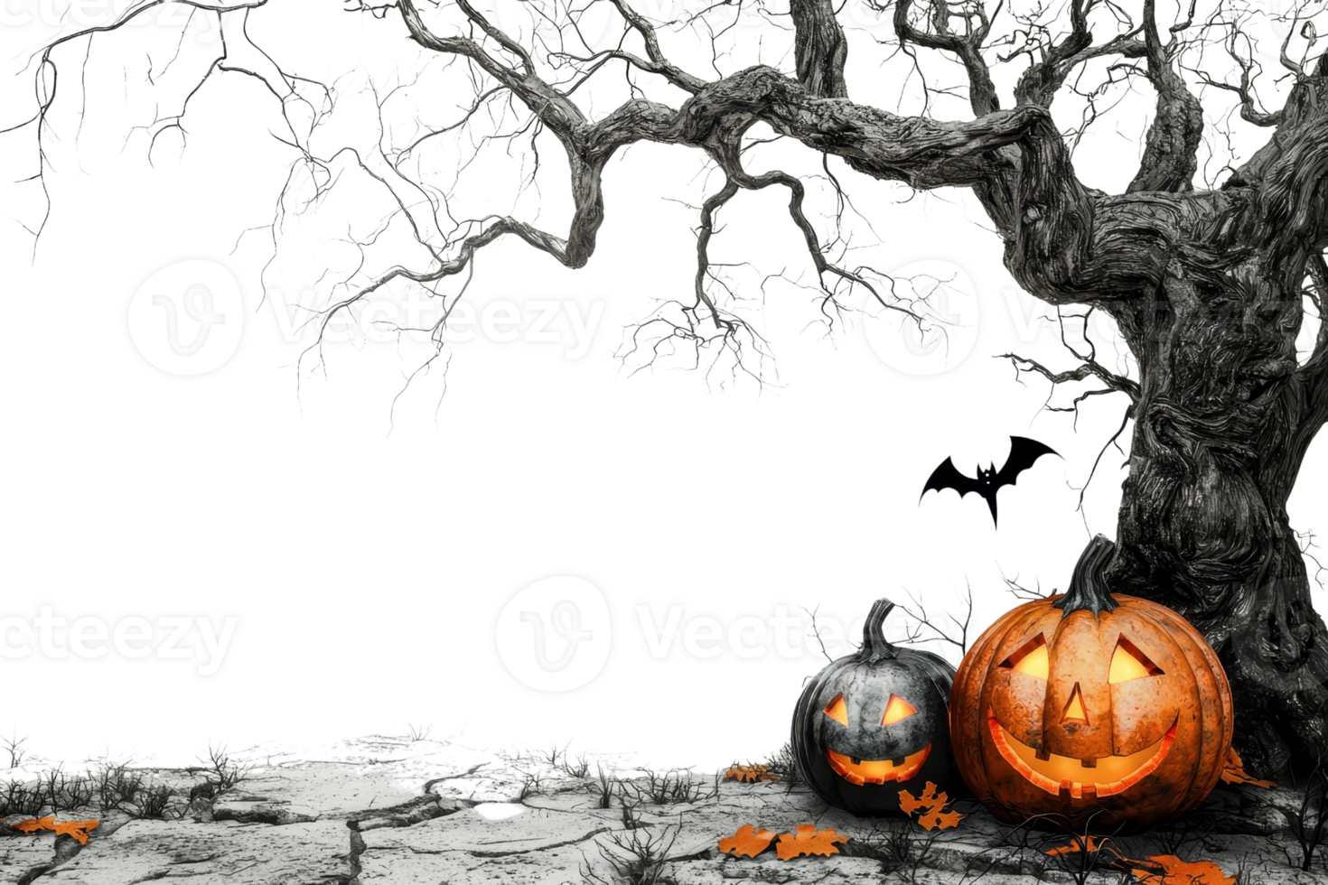 Spooky Halloween scene with jack-o'-lanterns under a twisted tree. Perfect background for festive and eerie seasonal themes. png