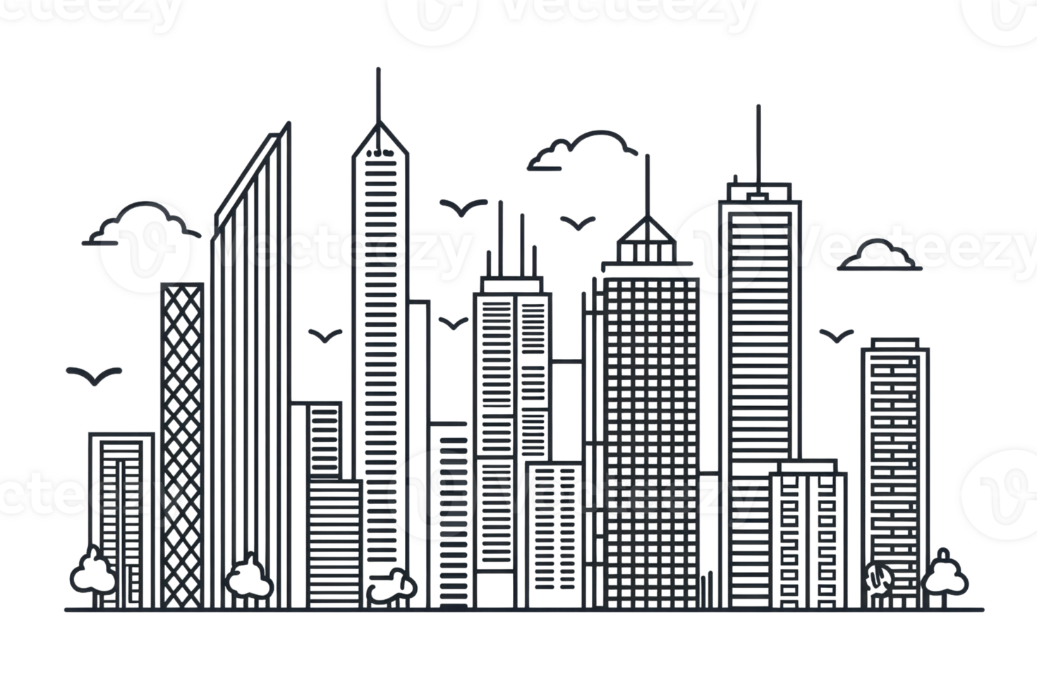 Stylized grayscale illustration of a modern city skyline with tall skyscrapers and clouds, capturing urban architecture and design. png