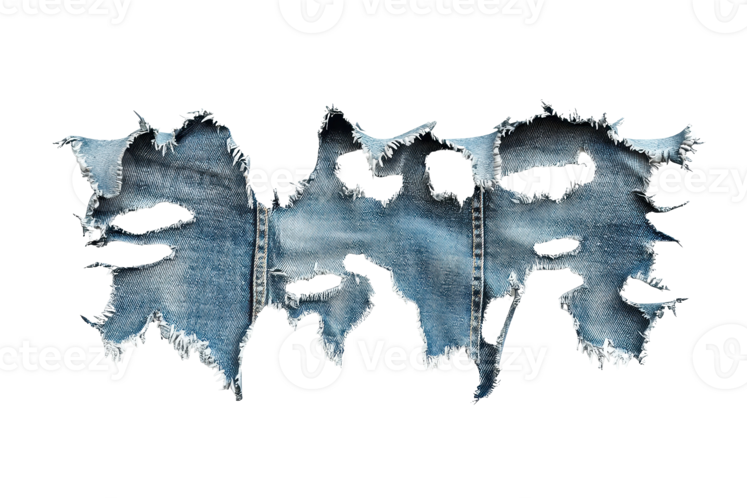 Stylish torn denim fabric showcasing intricate fraying and ripped edges, perfect for fashion and design projects focusing on texture and style. png