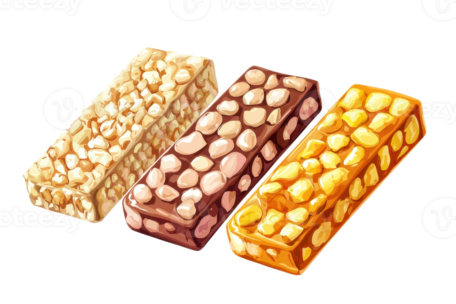 Three colorful granola bars with nuts displayed on a transparent background. showcasing a healthy and tasty snack option for all ages. png