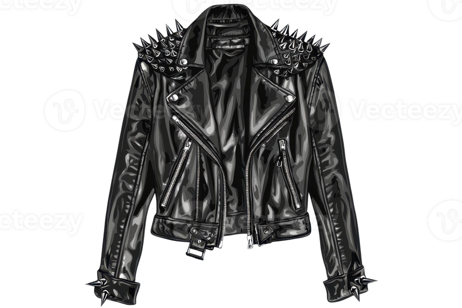 Stylish black leather jacket with spikes, perfect for a bold fashion statement. Ideal for punk or edgy street style enthusiasts. png