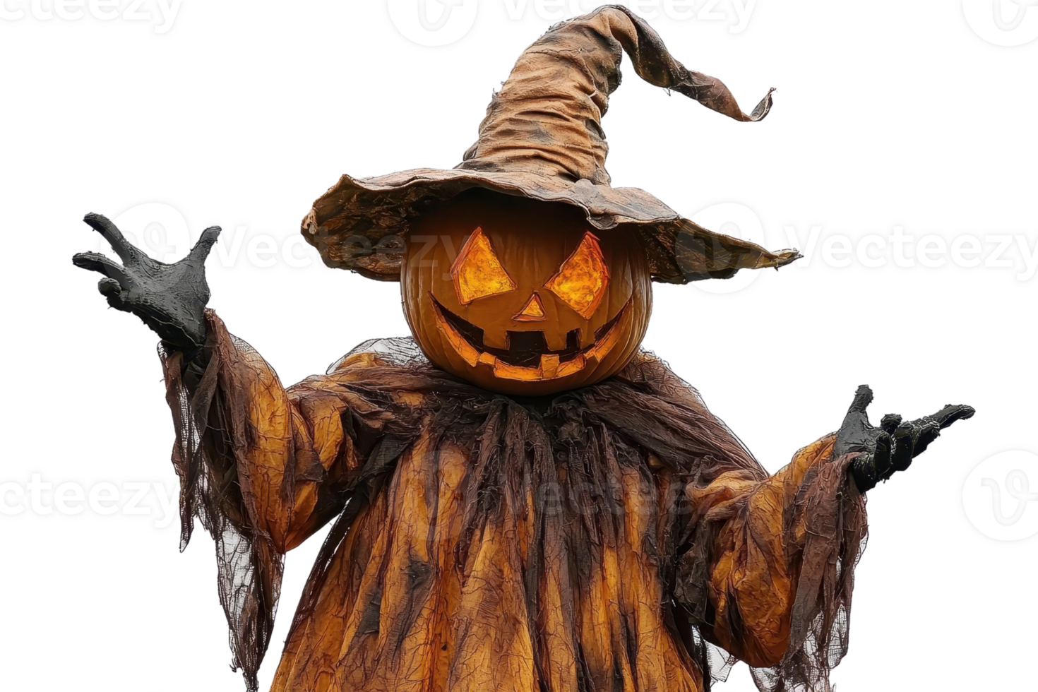 Spooky Halloween figure with a carved pumpkin head in a wizard costume, perfect for festive decorations or eerie events. png