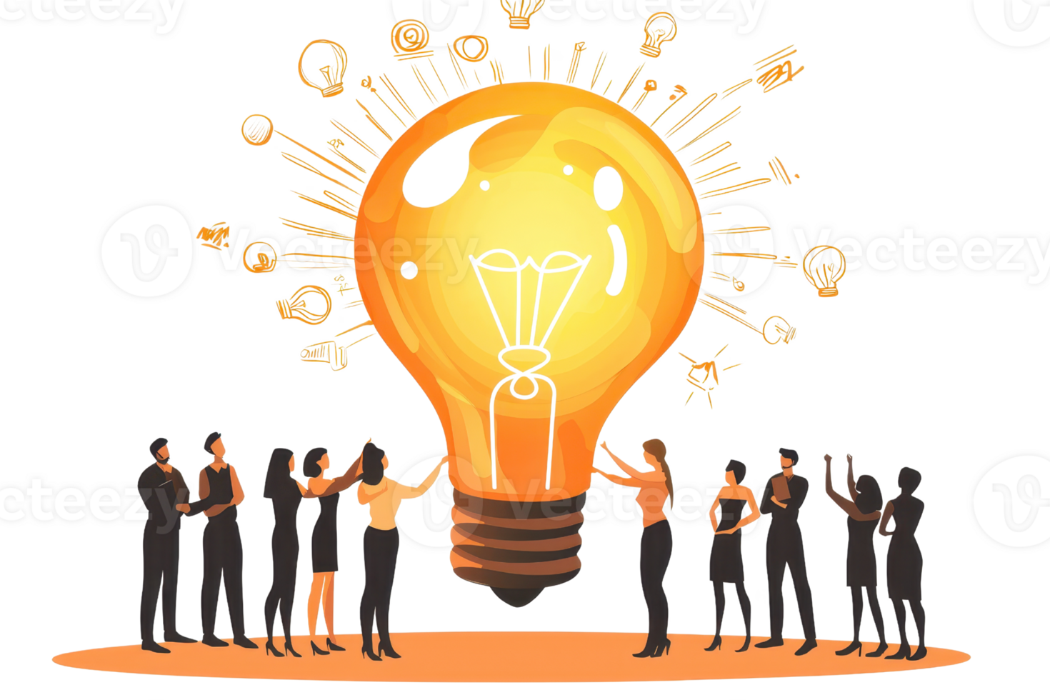 Team of people surrounding and collaborating on a giant lightbulb. Concept of teamwork, innovation, and idea generation. png